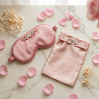 Blush Petal silk eye mask and pouch set flat lay