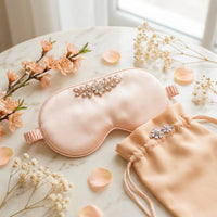 Peach Sorbet silk eye mask and pouch set flat lay