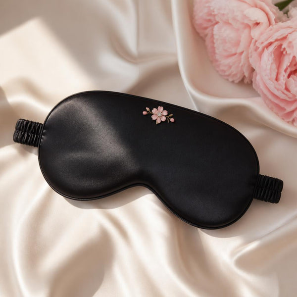 Onyx Dream black silk eye mask with floral crystal