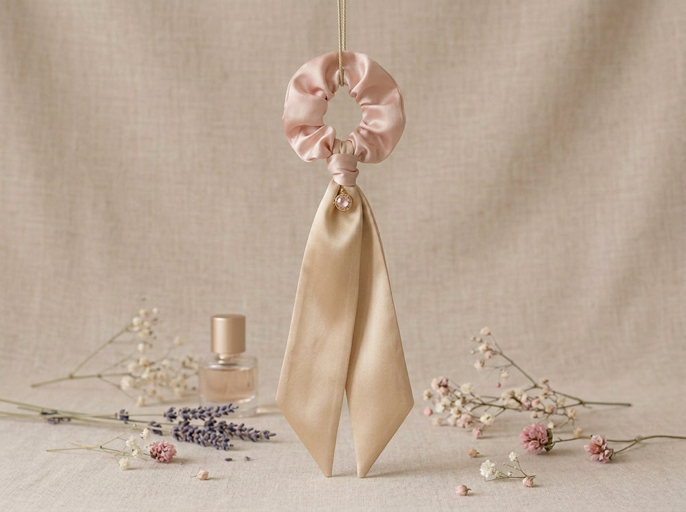 Gala Blush Duet silk scrunchie with blush body and champagne ribbon tails