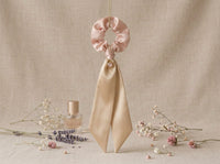 Gala Blush Duet silk scrunchie with blush body and champagne ribbon tails