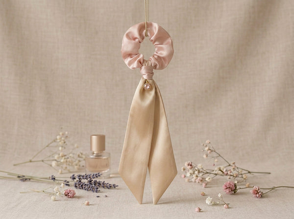 Gala Blush Duet silk scrunchie with blush body and champagne ribbon tails