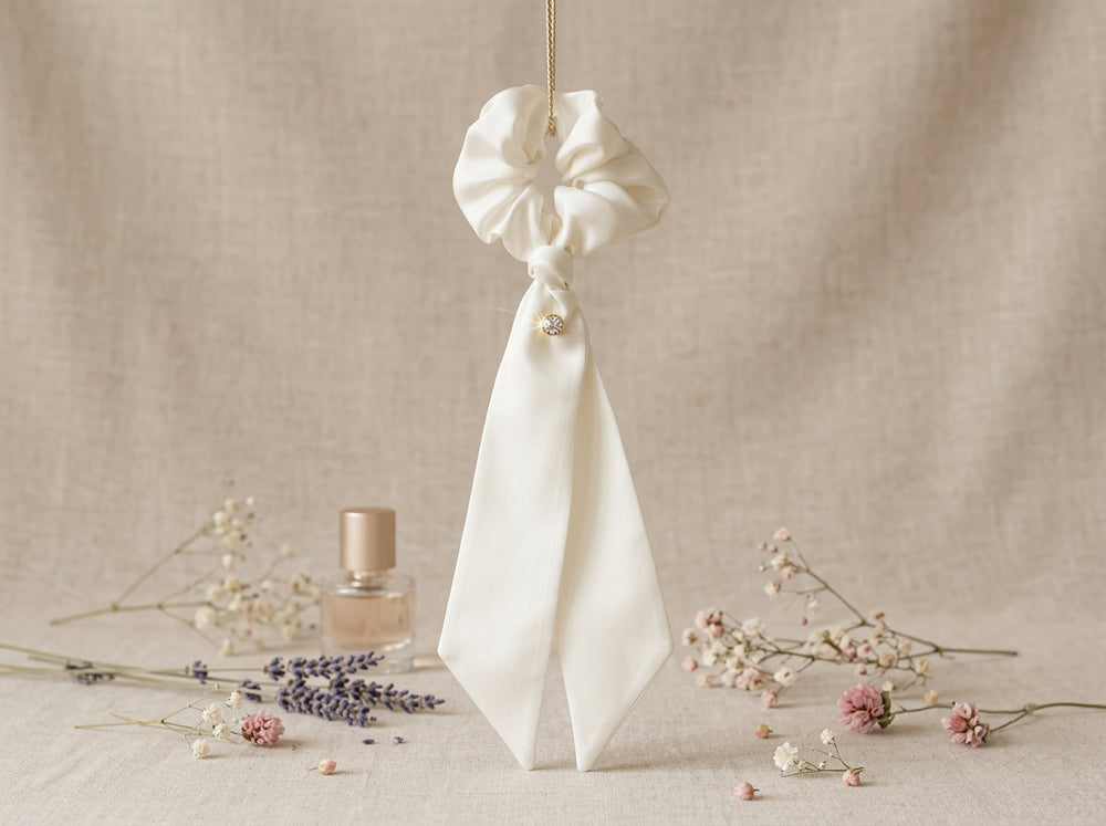 Gala ivory silk scrunchie with crystal below knot - vertical lifestyle