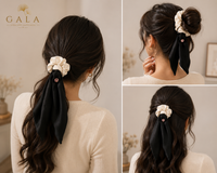 Gala ivory silk scrunchie hairstyle guide — ponytail, bun and half-up looks