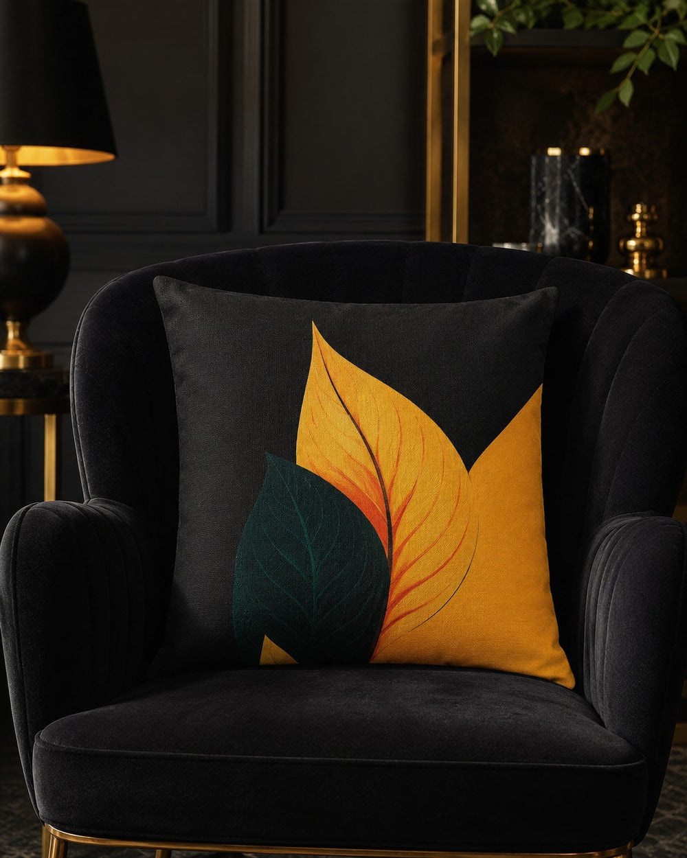 Golden Botanica silk cushion cover