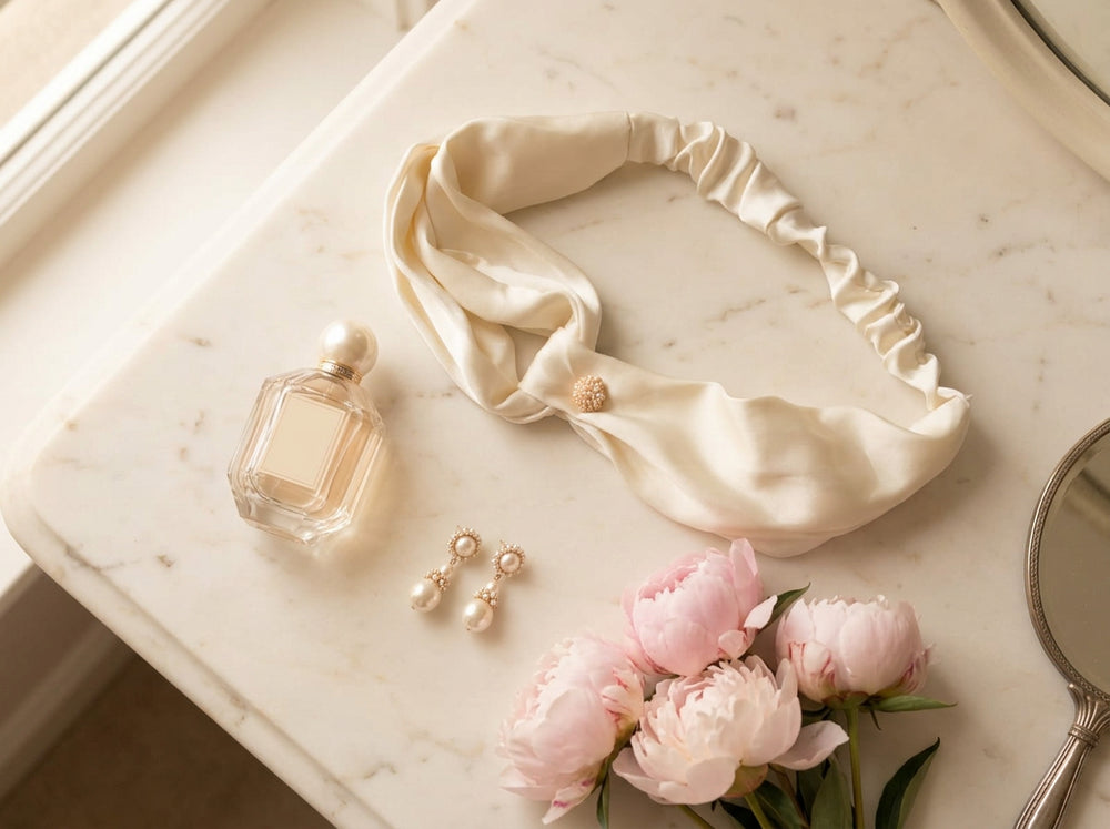 Ivory silk bandana flat lay on marble vanity