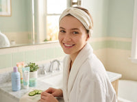 Skincare routine with ivory silk bandana