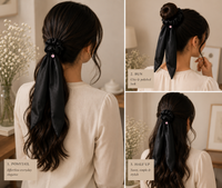 Midnight Whisper black silk scrunchie styled as ponytail, bun and half-up hairstyles